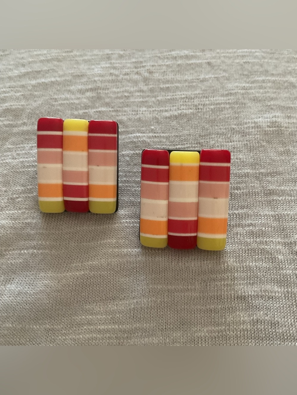 NEW Colorful Striped Square Pierced Earrings - Red, Yellow & Peach NOS